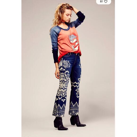 Free People Flare Jeans Boho Festival Denim Blue White Embroidered Pattern 26 - Picture 3 of 10